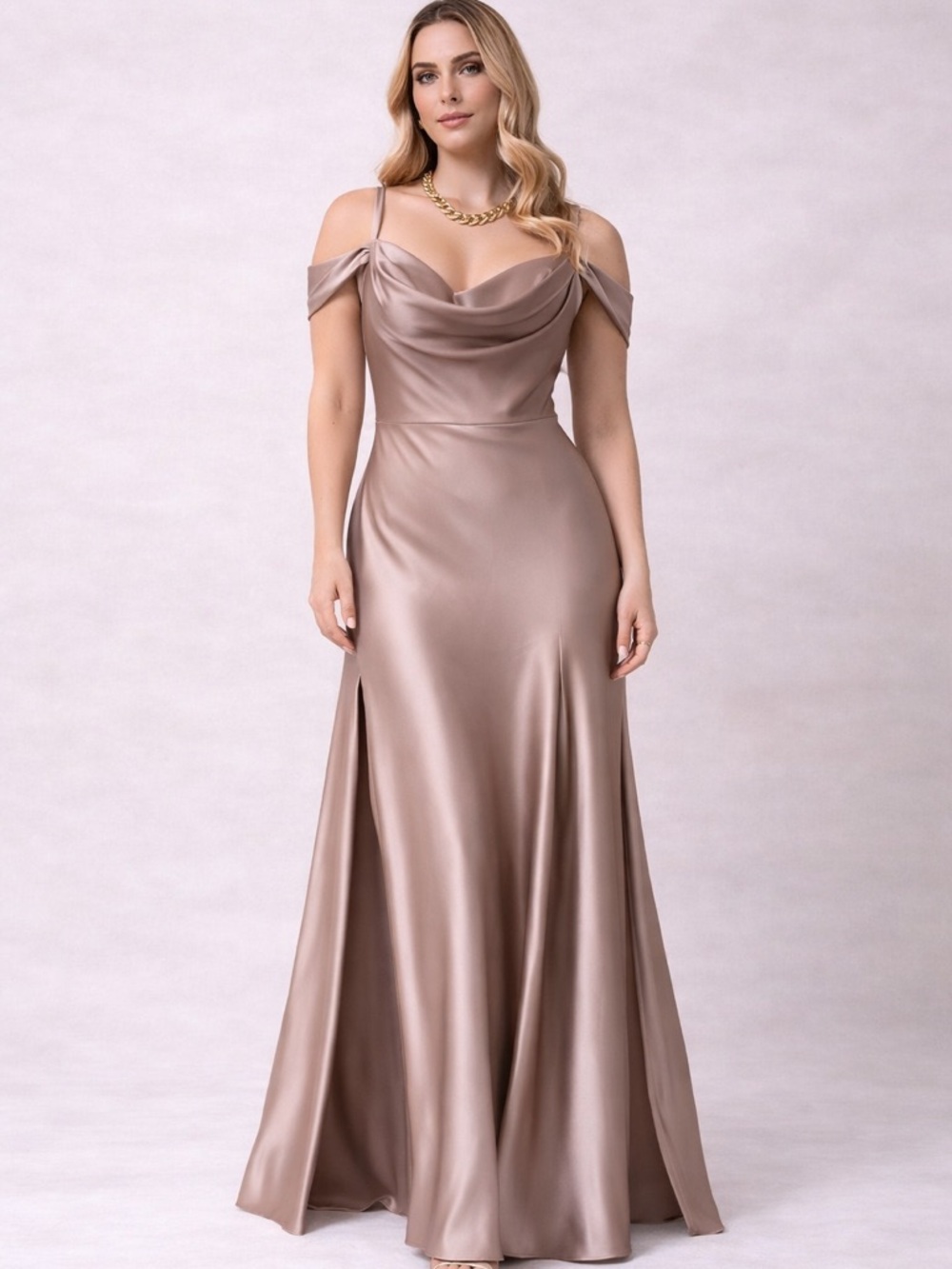 Revelry Taupe Satin Bridesmaid Dress Cowl Neck Side Slits Formal Gown